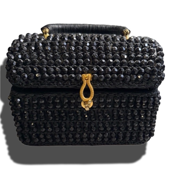 VINTAGE ANTIQUE black beaded box Style purse Elegant Black Beaded Handbag - Picture 2 of 10